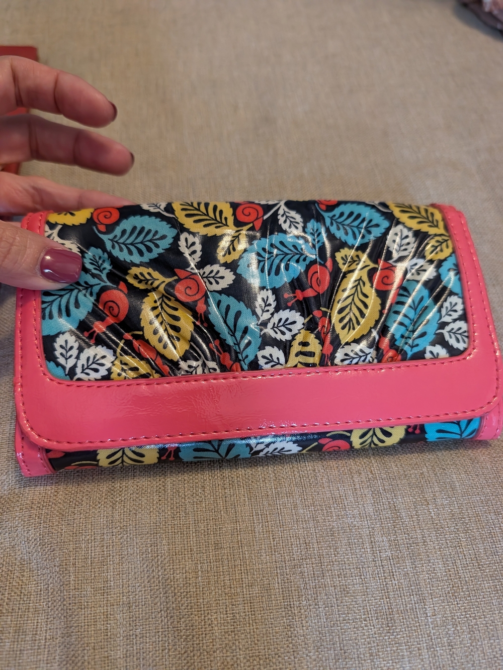 Vera Bradley Snail And Leaf-Print Wallet with Pink Trim and Teal Accents